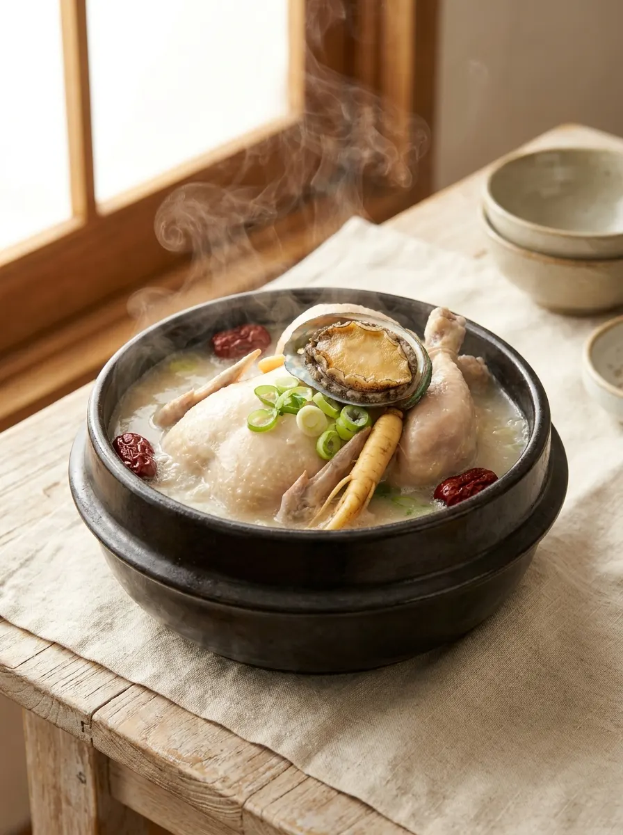 김이 오르는 뚝배기 속 전복 삼계탕 — 온담키친 여름 보양 밀키트 대표 시즐컷