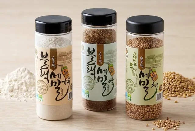 봉평 메밀 제품군 패키지 및 라벨 디자인