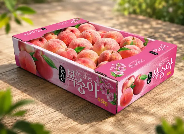 논산 신선 복숭아 4.5kg 과일 패키지 및 3D 목업 디자인