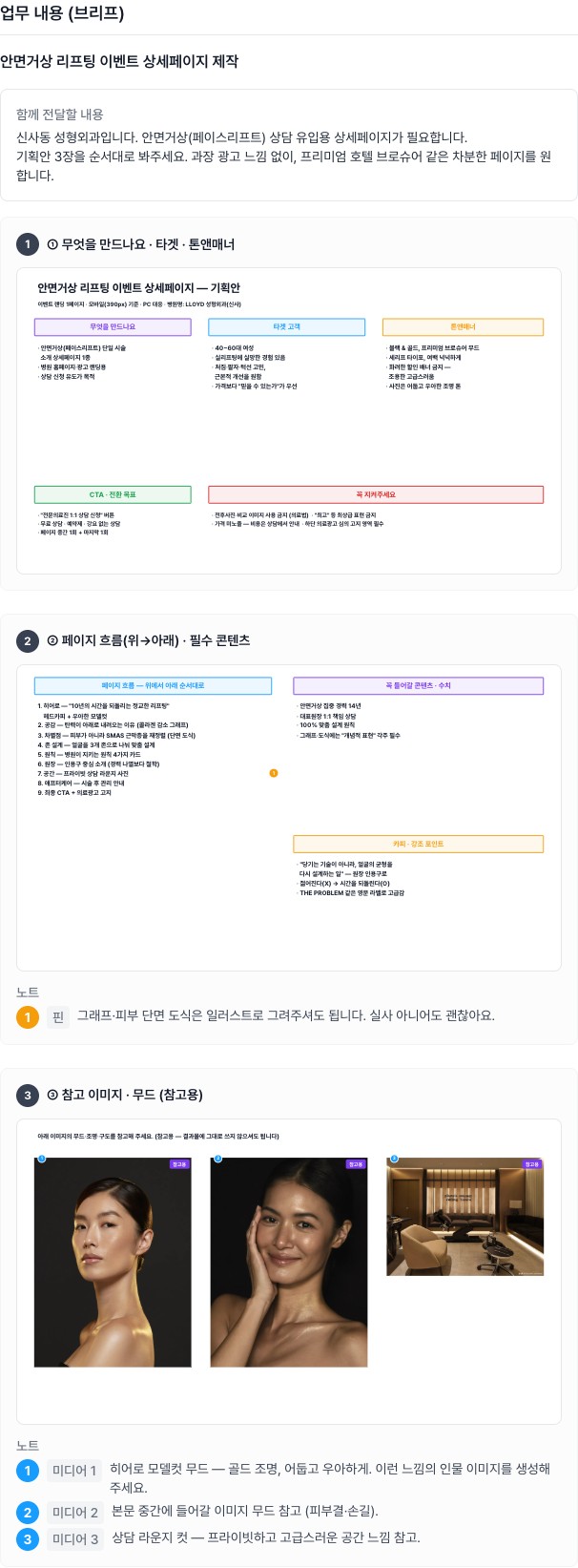 LLOYD 성형외과 — 안면거상 리프팅 시크릿 기획안 — 실제 요청 화면 캡처